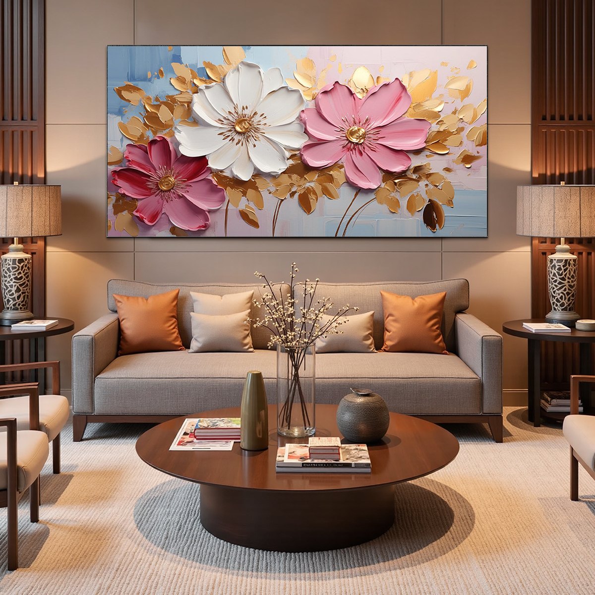 GOLDEN PETALS: Textured Panoramic Floral Oil Painting - Image 2