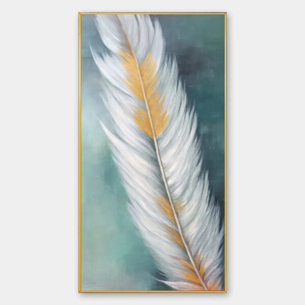 GOLDEN QUILL: White and Gold Feather Painting, Green Background Wall Art, Vertical Canvas, Minimalist Decor