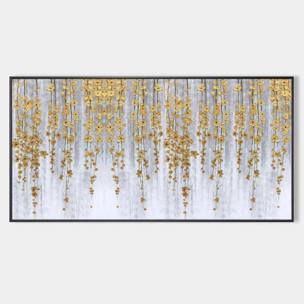 GOLDEN RAIN: Minimalist Floral Oil Painting in Gold and Grey