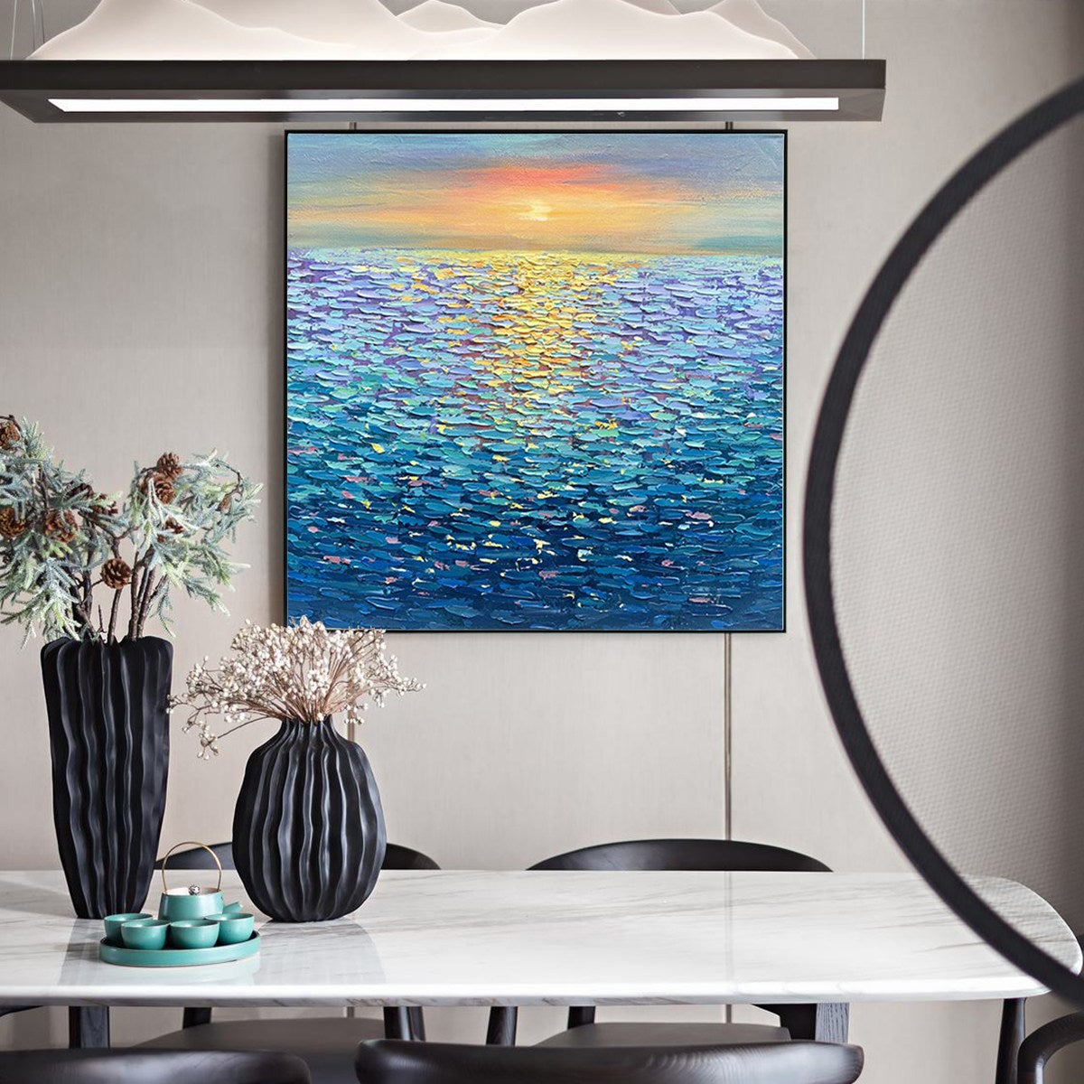 GOLDEN SUNSET OVER WATER: Square Textured Seascape Painting, Palette Knife Ocean Sunset, Blue, Living Room, Bedroom - Image 6