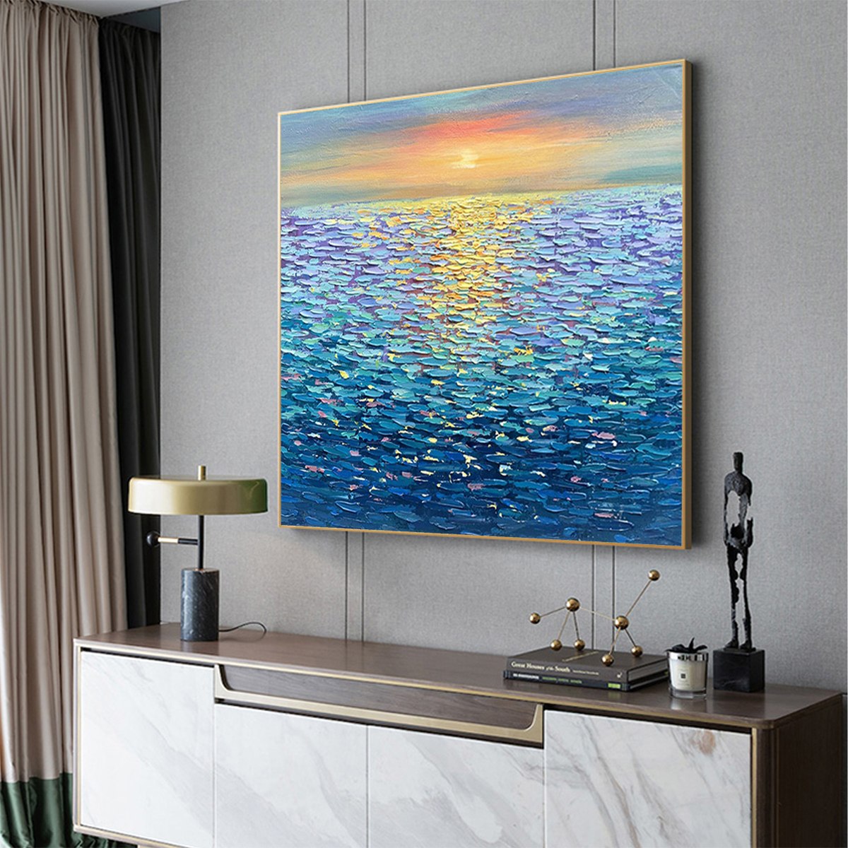 GOLDEN SUNSET OVER WATER: Square Textured Seascape Painting, Palette Knife Ocean Sunset, Blue, Living Room, Bedroom - Image 4