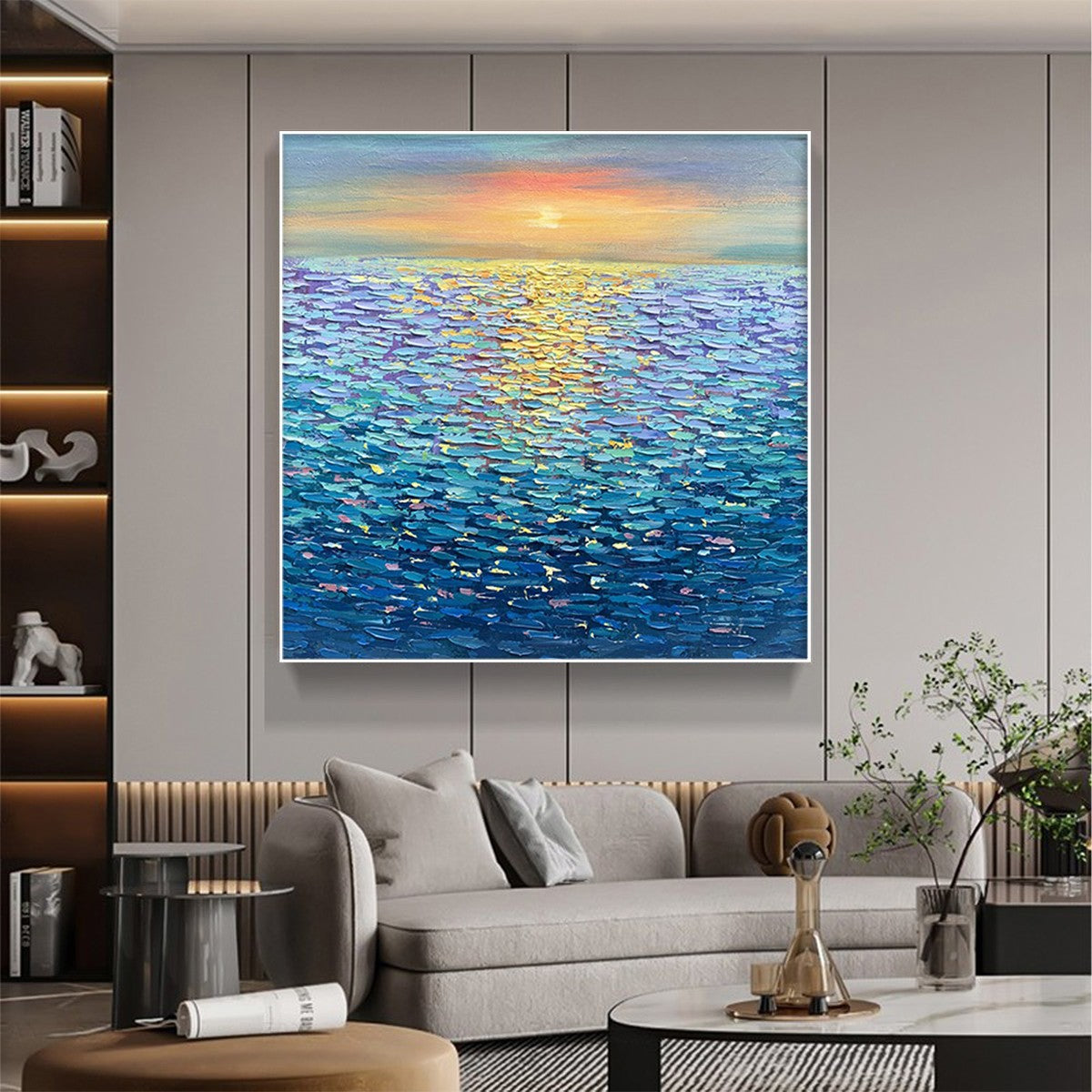 GOLDEN SUNSET OVER WATER: Square Textured Seascape Painting, Palette Knife Ocean Sunset, Blue, Living Room, Bedroom - Image 7