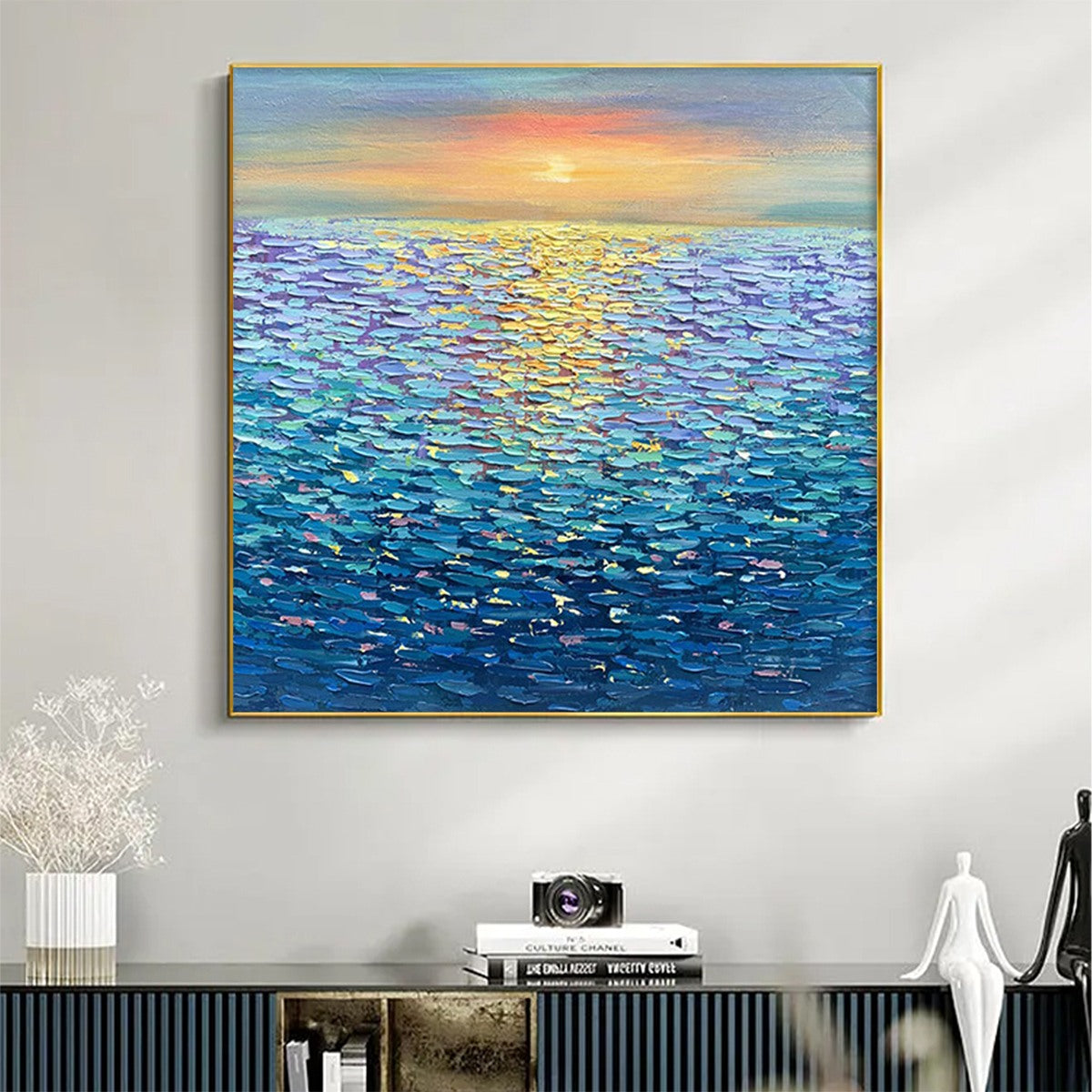GOLDEN SUNSET OVER WATER: Square Textured Seascape Painting, Palette Knife Ocean Sunset, Blue, Living Room, Bedroom - Image 2