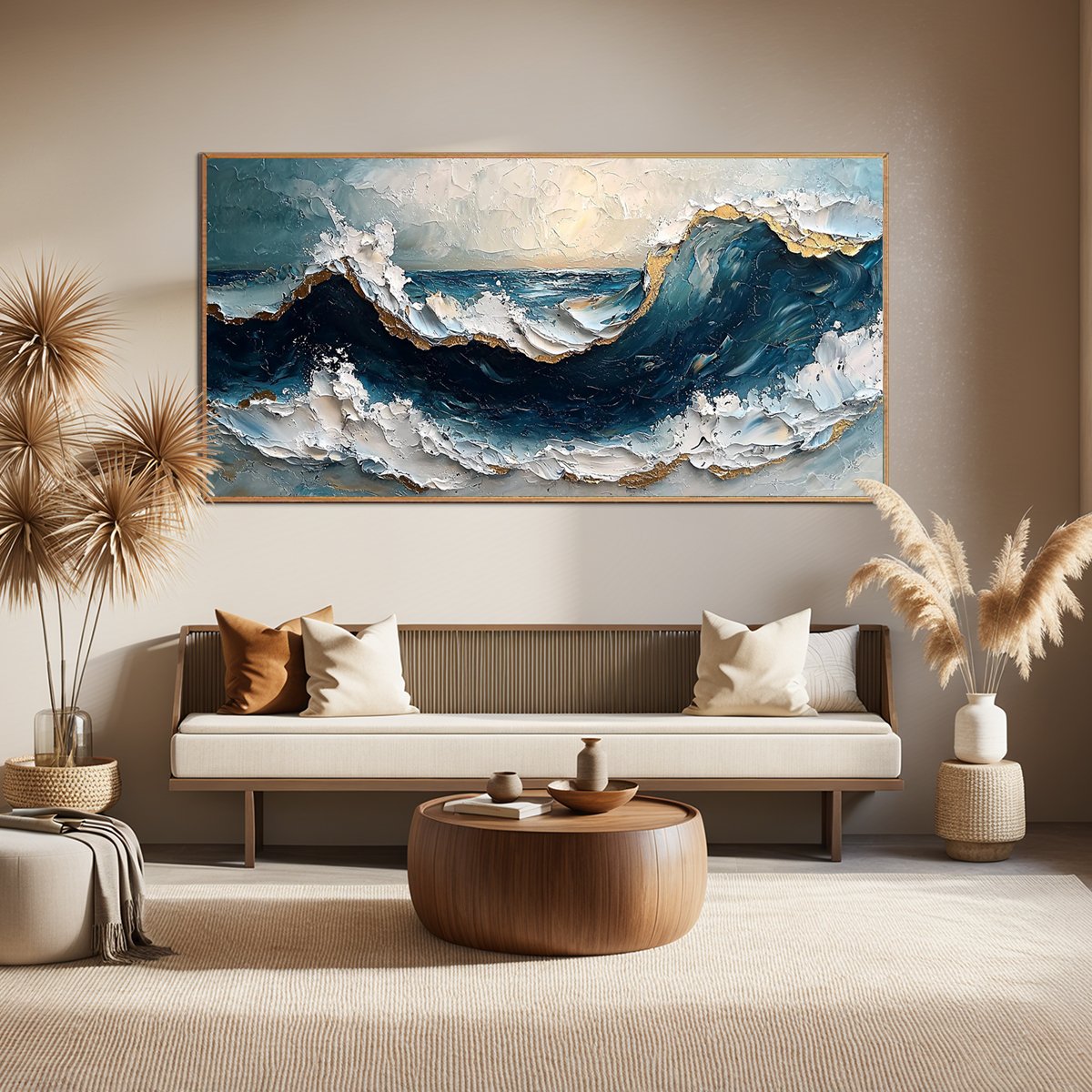 GOLDEN TIDE: Textured Impasto Ocean Wave Oil Painting - Image 2