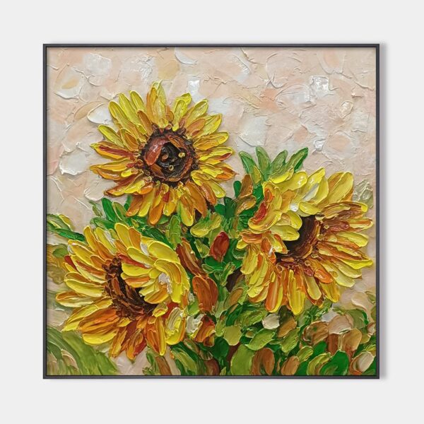 GOLDEN TRIO: Impasto Sunflower Oil Painting in Vibrant Yellows