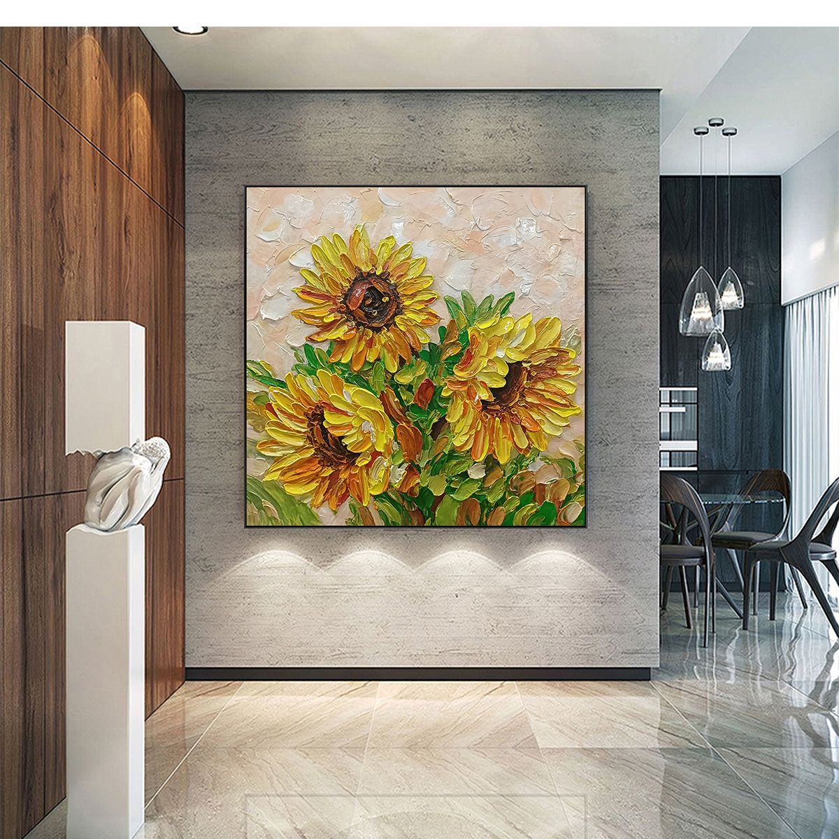 GOLDEN TRIO: Impasto Sunflower Oil Painting in Vibrant Yellows - Image 2