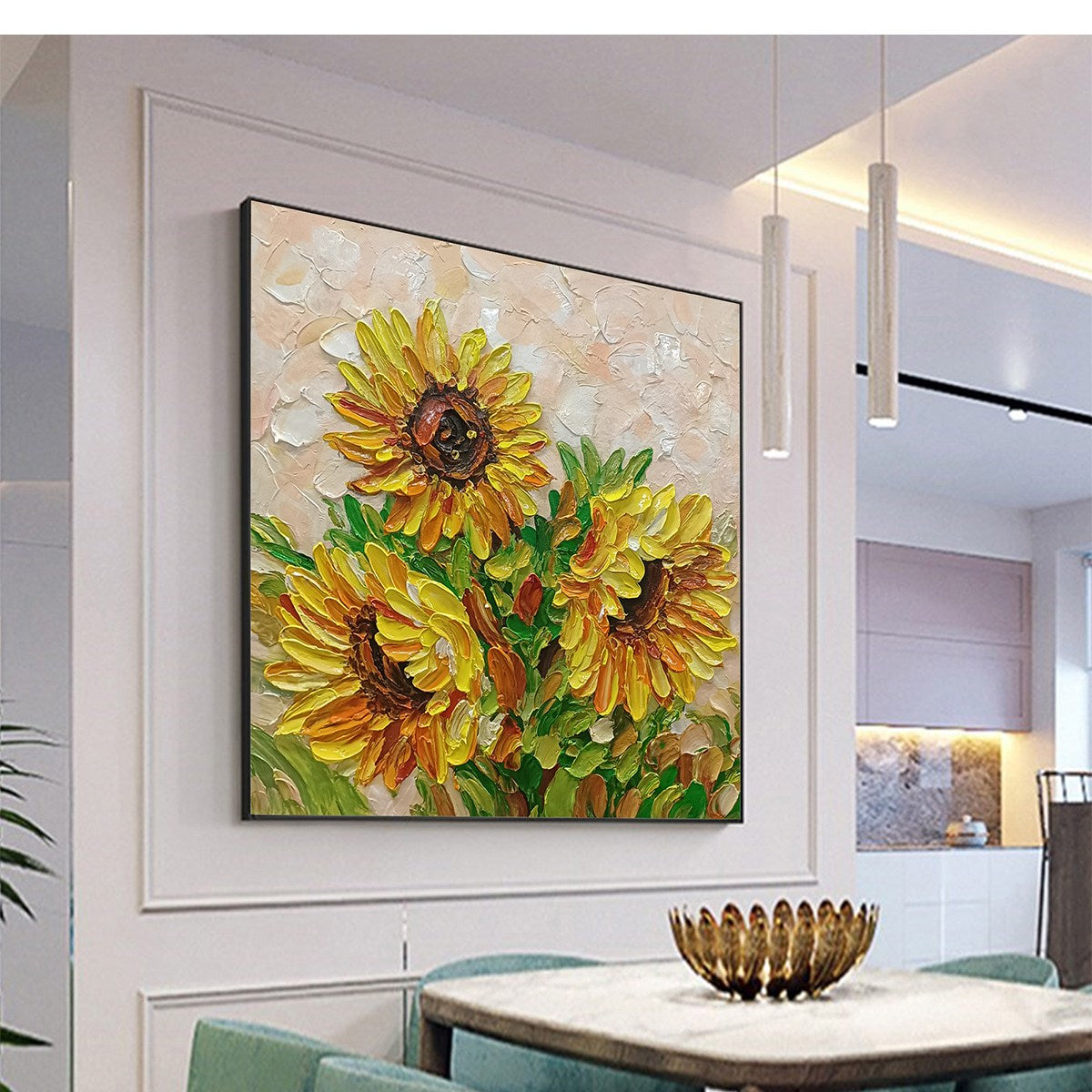 GOLDEN TRIO: Impasto Sunflower Oil Painting in Vibrant Yellows - Image 4