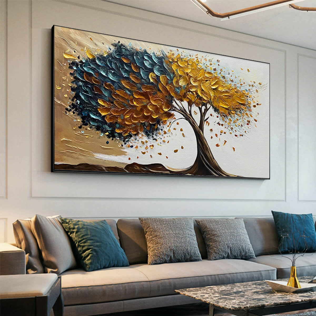 GOLDEN WHISPERS: Textured Abstract Tree Oil Painting - Image 5