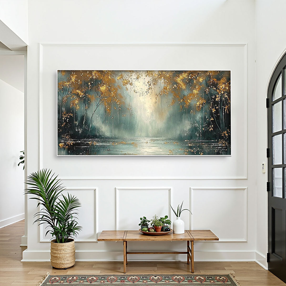 GOLDEN WHISPERS: Textured Forest Landscape Oil Painting with Gold Accents - Image 2