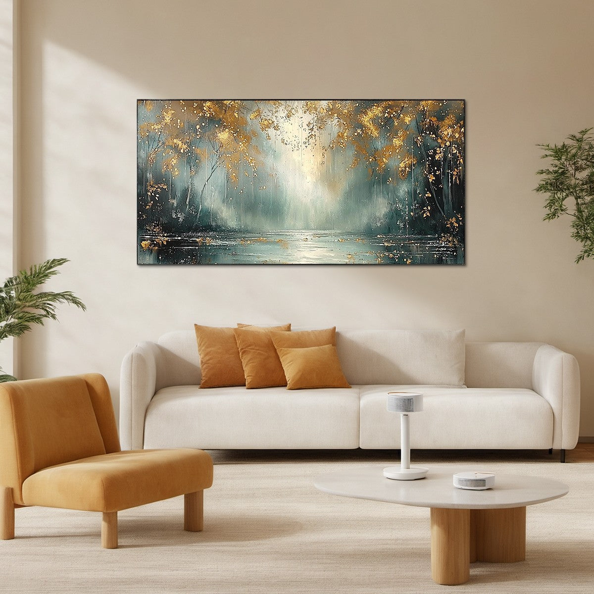 GOLDEN WHISPERS: Textured Forest Landscape Oil Painting with Gold Accents - Image 7