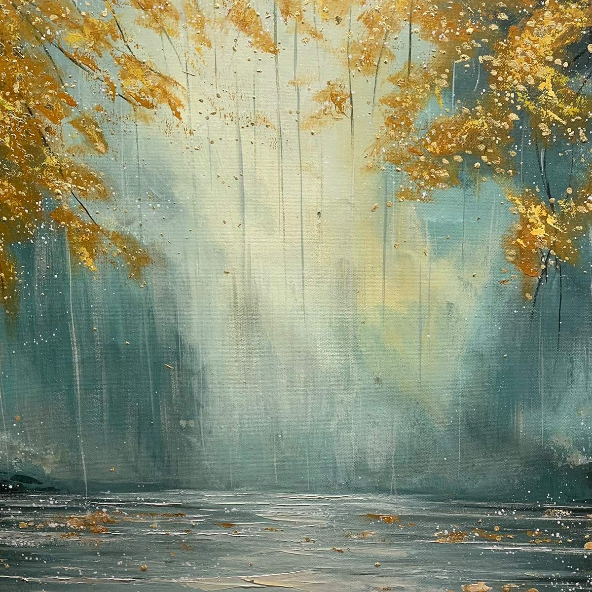 GOLDEN WHISPERS: Textured Forest Landscape Oil Painting with Gold Accents - Image 3