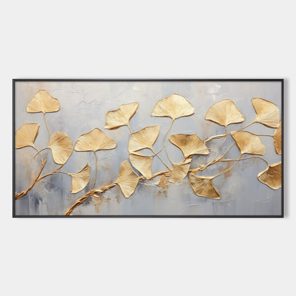 GOLDEN WHISPERS: Textured Ginkgo Leaf Oil Painting in Gold