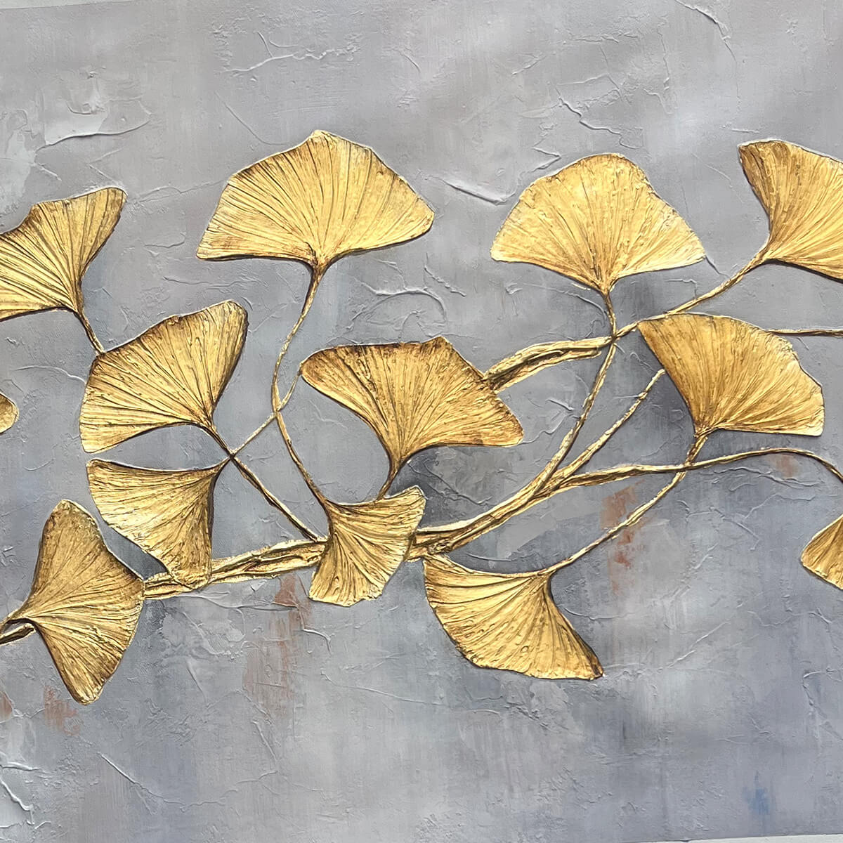 GOLDEN WHISPERS: Textured Ginkgo Leaf Oil Painting in Gold - Image 3