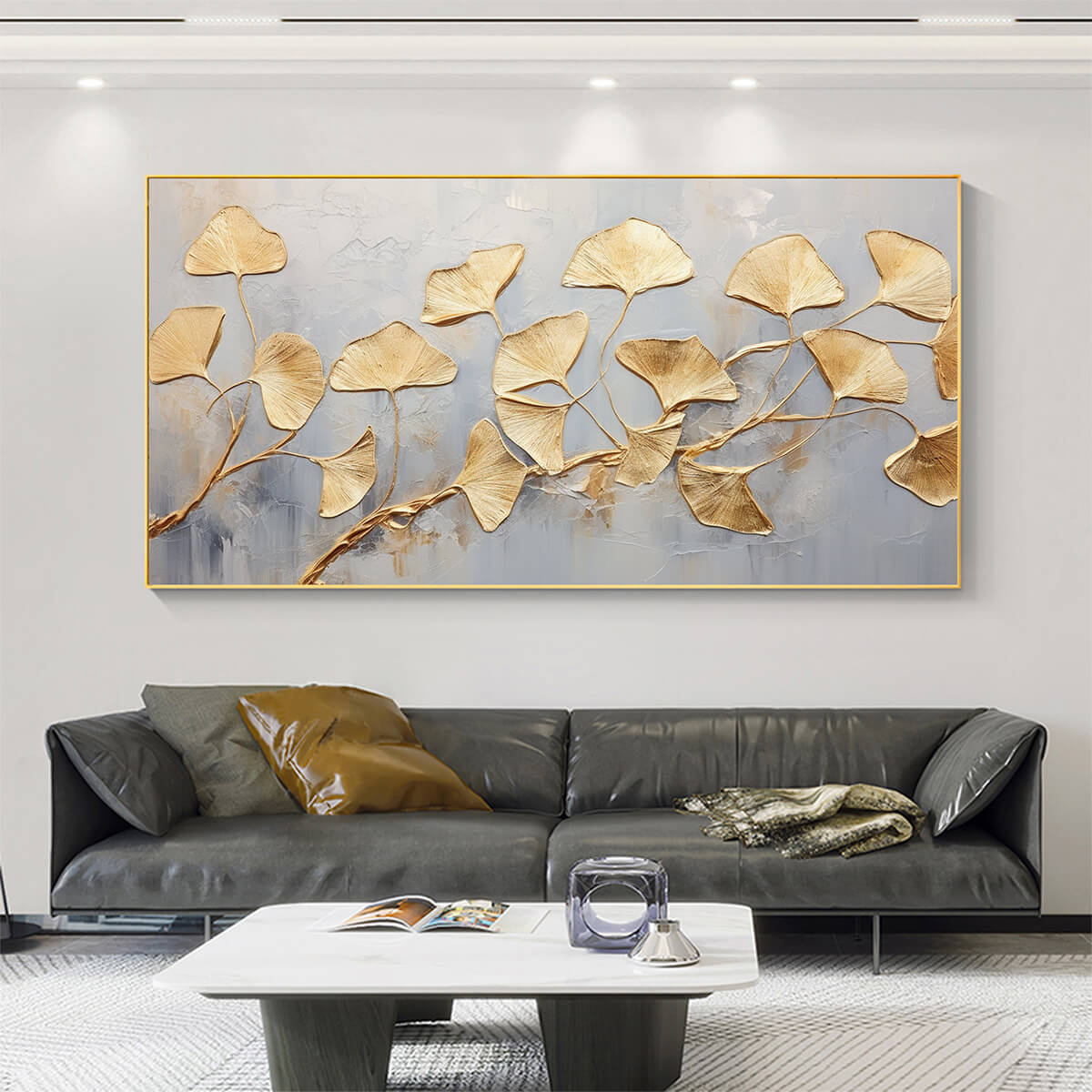 GOLDEN WHISPERS: Textured Ginkgo Leaf Oil Painting in Gold - Image 6