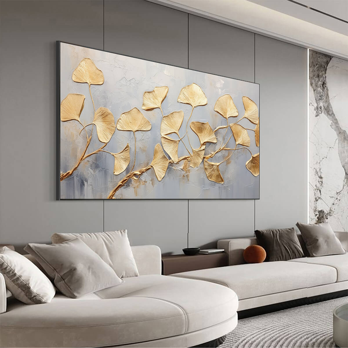 GOLDEN WHISPERS: Textured Ginkgo Leaf Oil Painting in Gold - Image 4