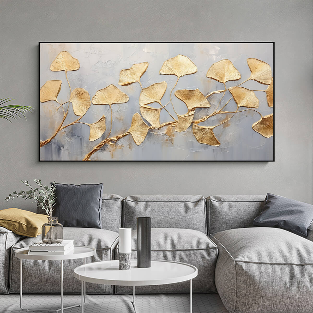 GOLDEN WHISPERS: Textured Ginkgo Leaf Oil Painting in Gold - Image 2