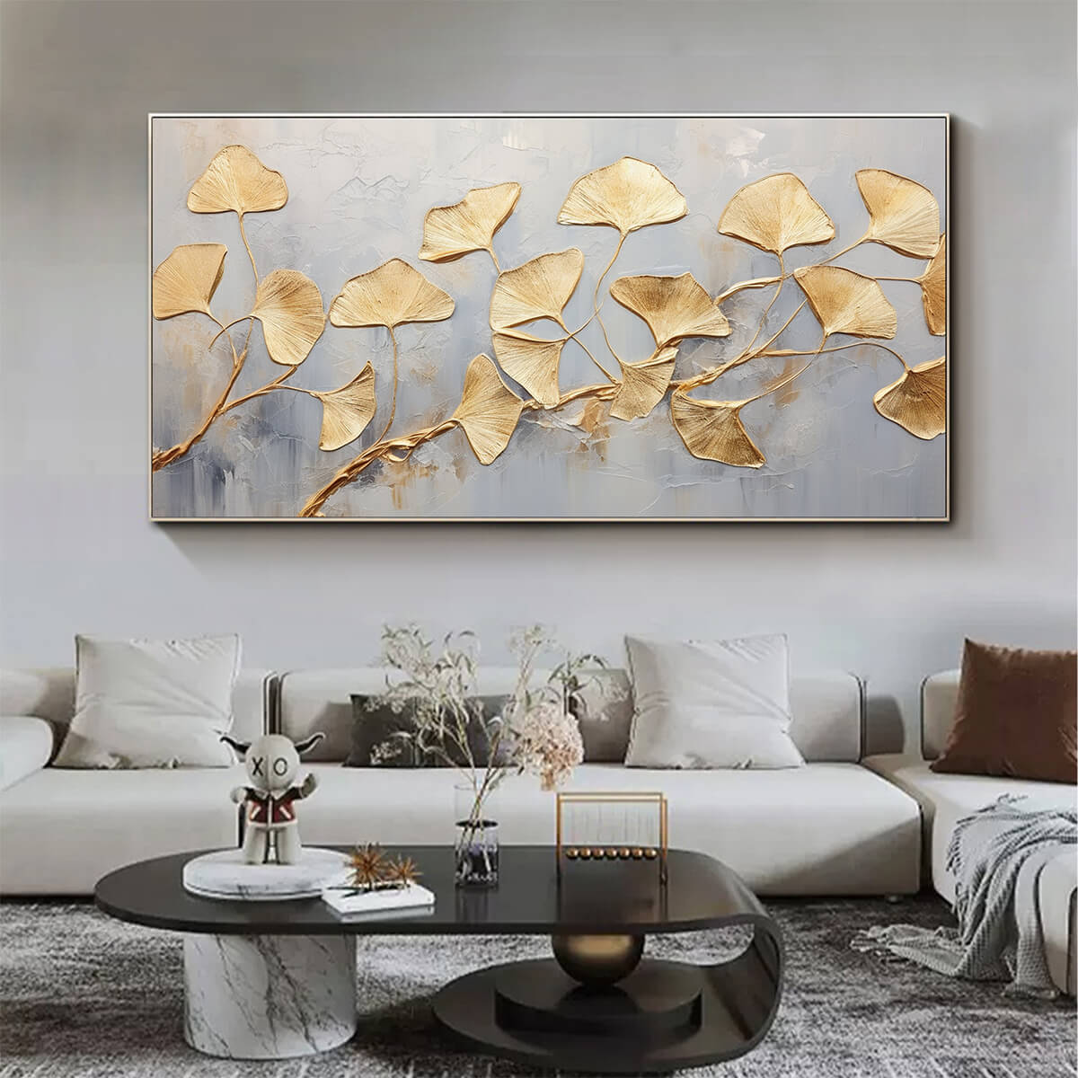 GOLDEN WHISPERS: Textured Ginkgo Leaf Oil Painting in Gold - Image 7