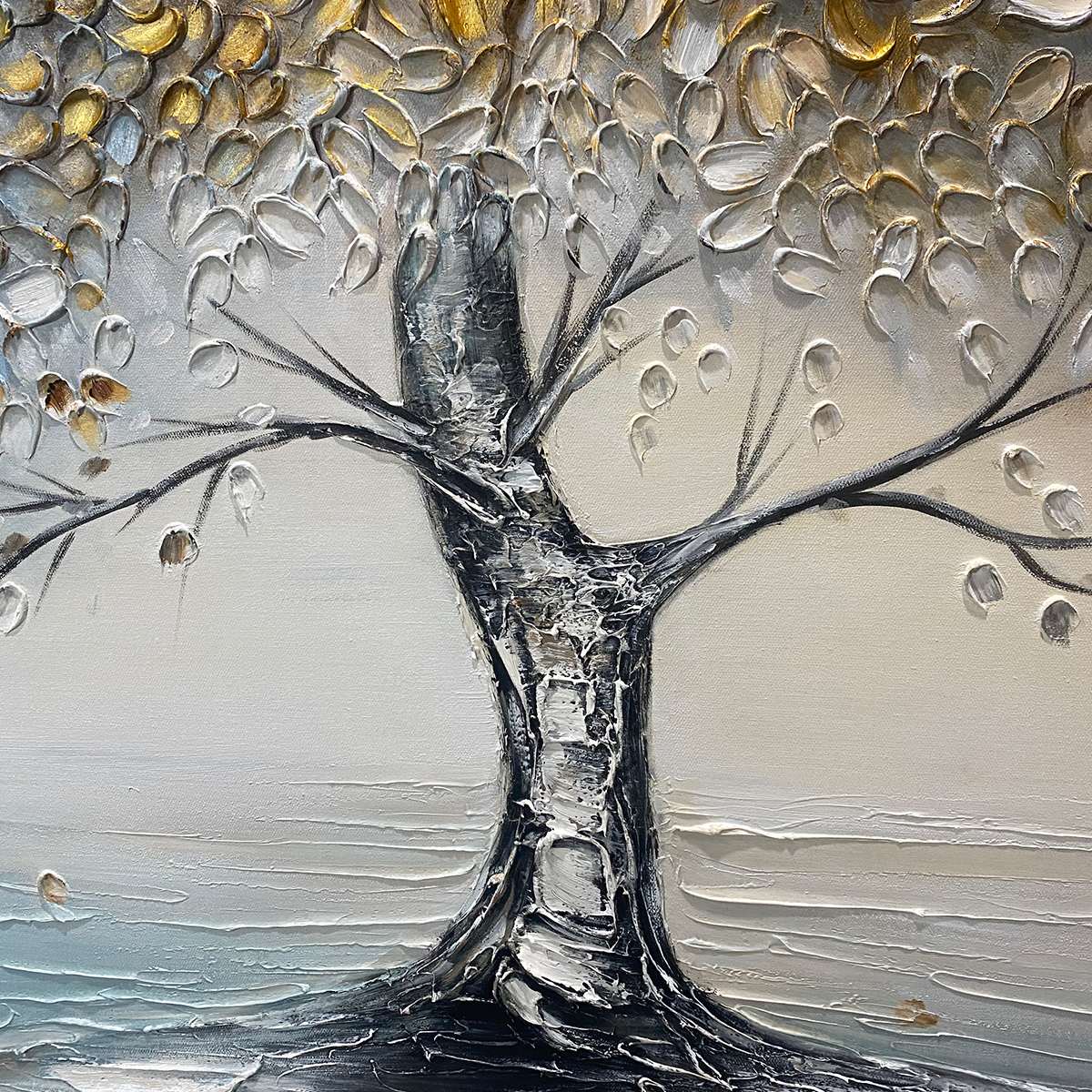 GOLDEN WHISPERS: Textured Tree Landscape Oil Painting - Image 3