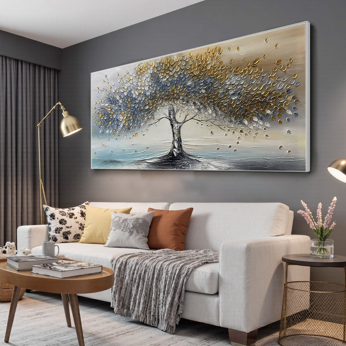 GOLDEN WHISPERS: Textured Tree Landscape Oil Painting - Image 4