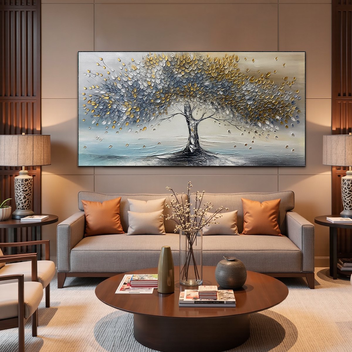 GOLDEN WHISPERS: Textured Tree Landscape Oil Painting - Image 2