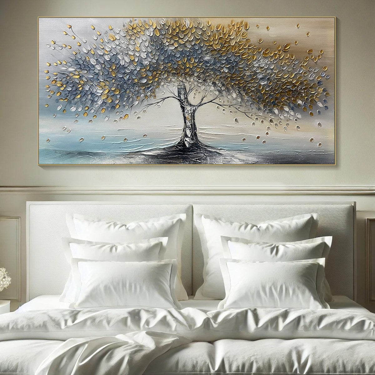 GOLDEN WHISPERS: Textured Tree Landscape Oil Painting - Image 7