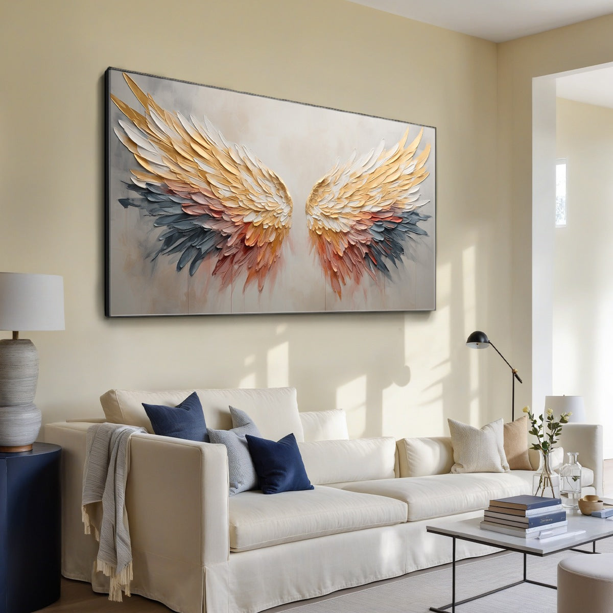 GOLDEN WINGS: Panoramic Angel Wings Painting, Textured Wall Art, Gold, Beige, Living Room, Bedroom - Image 4