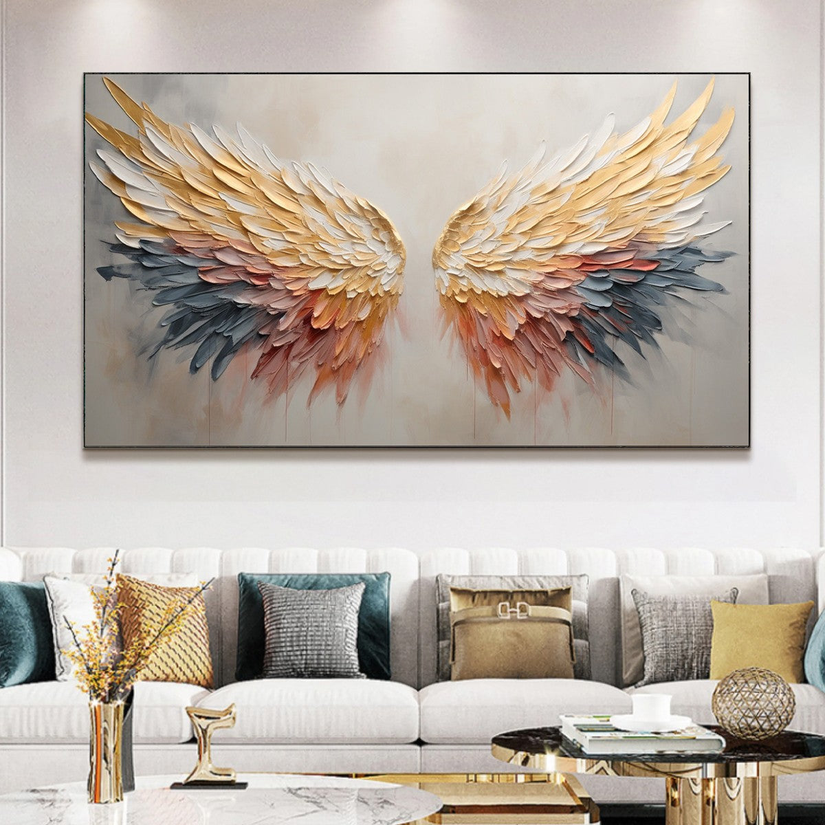 GOLDEN WINGS: Panoramic Angel Wings Painting, Textured Wall Art, Gold, Beige, Living Room, Bedroom - Image 2