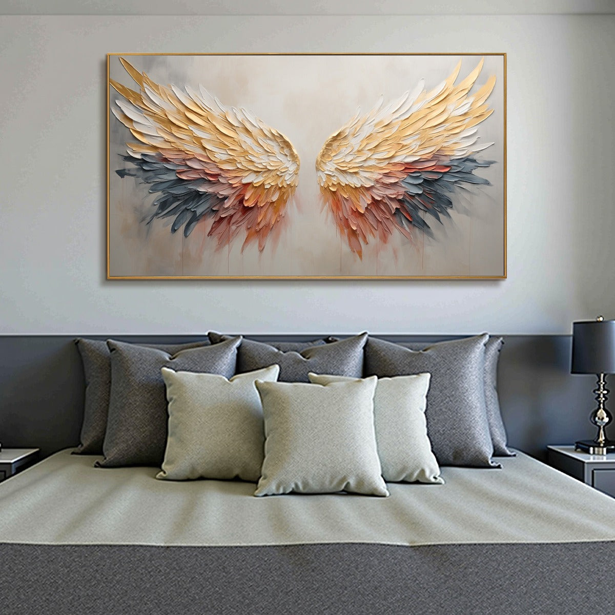 GOLDEN WINGS: Panoramic Angel Wings Painting, Textured Wall Art, Gold, Beige, Living Room, Bedroom - Image 6