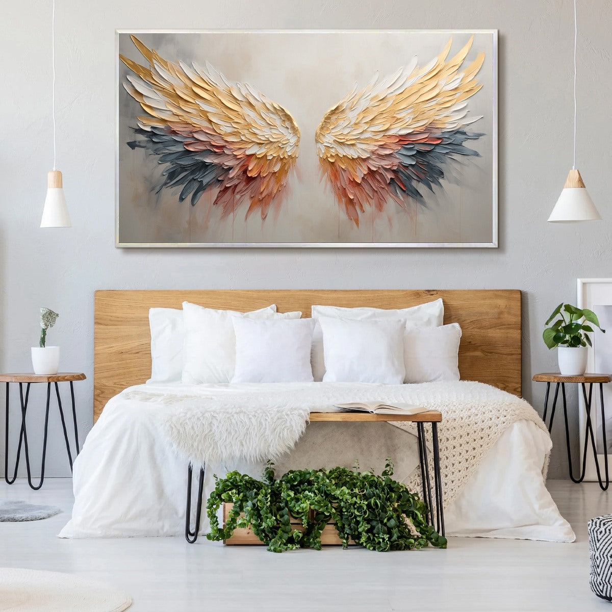 GOLDEN WINGS: Panoramic Angel Wings Painting, Textured Wall Art, Gold, Beige, Living Room, Bedroom - Image 7
