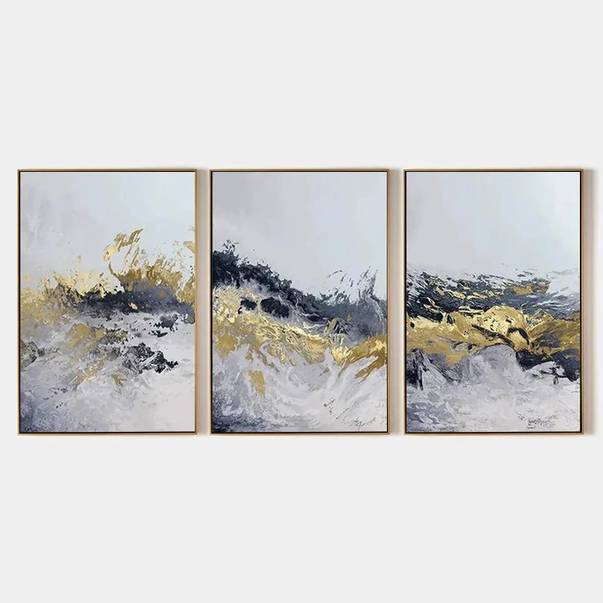GOLD & GREY ABSTRACT TRIPTYCH: Abstract Painting Set of 3, Vertical Wall Art