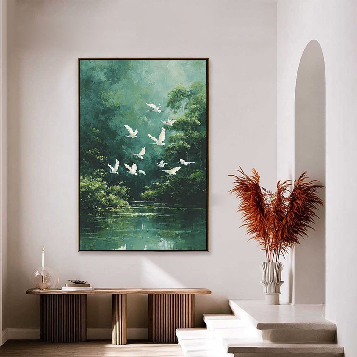 GREEN HAVEN: Serene Forest Landscape with Flying Egrets Painting - Image 2