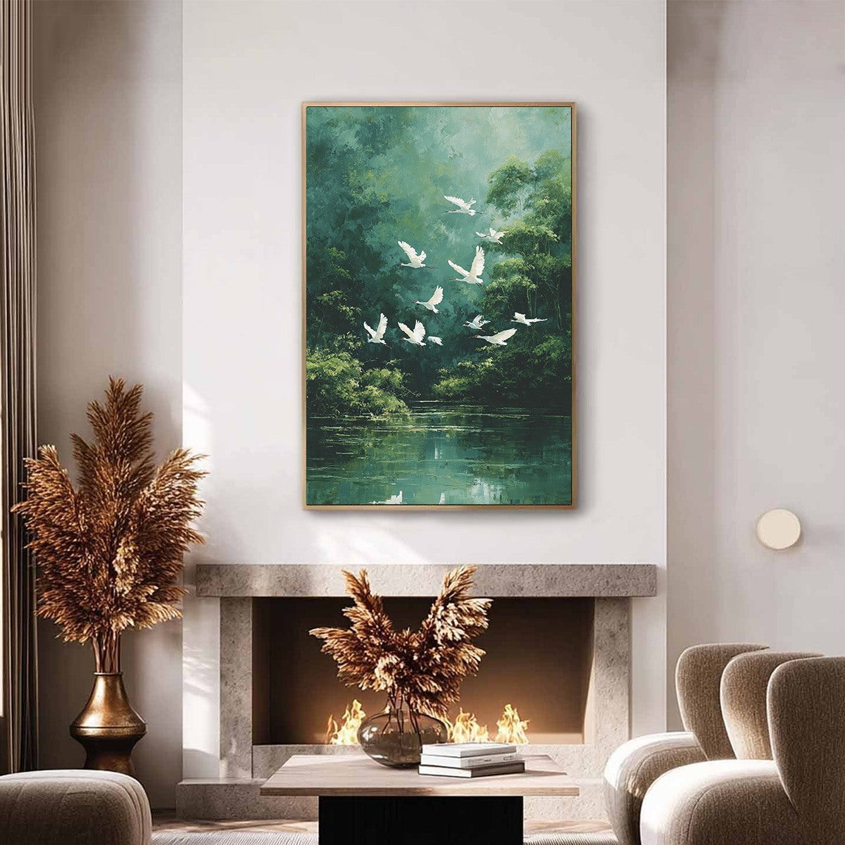 GREEN HAVEN: Serene Forest Landscape with Flying Egrets Painting - Image 4