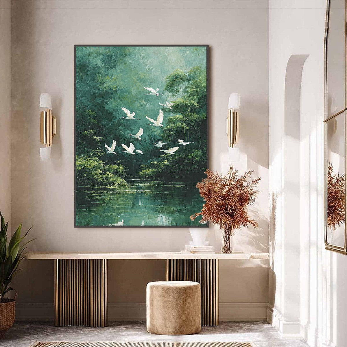 GREEN HAVEN: Serene Forest Landscape with Flying Egrets Painting - Image 6