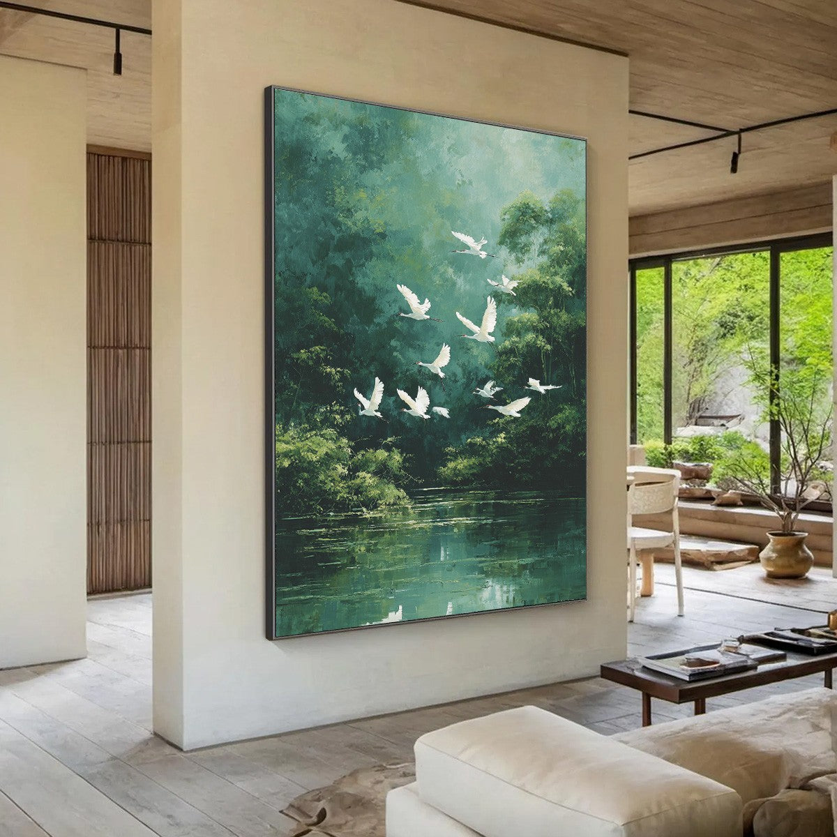 GREEN HAVEN: Serene Forest Landscape with Flying Egrets Painting - Image 7