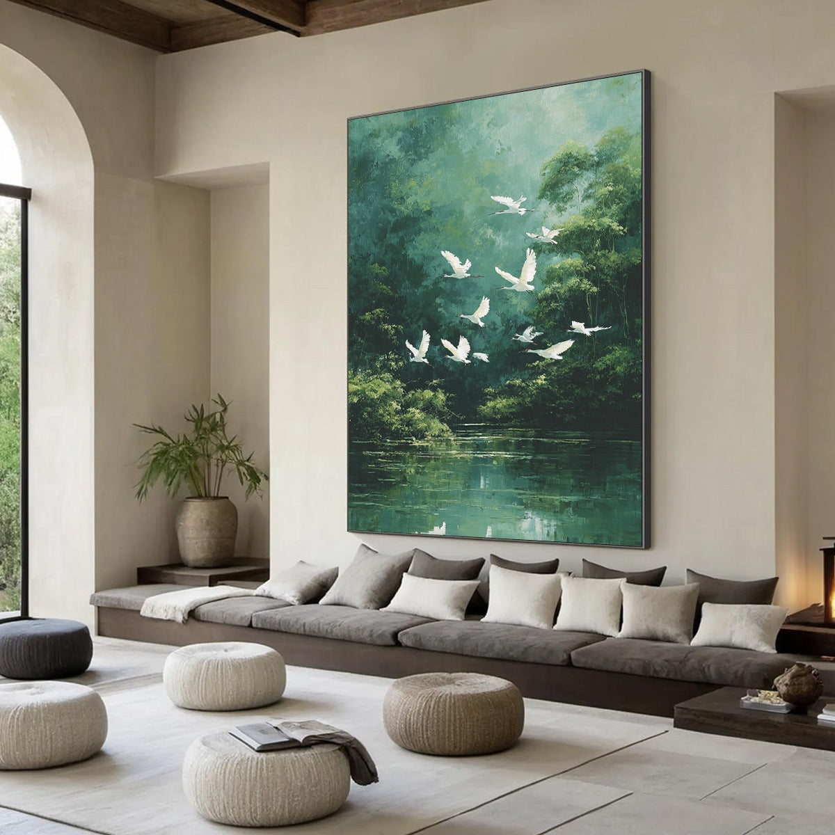 GREEN HAVEN: Serene Forest Landscape with Flying Egrets Painting - Image 8