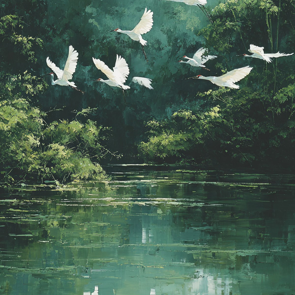 GREEN HAVEN: Serene Forest Landscape with Flying Egrets Painting - Image 3