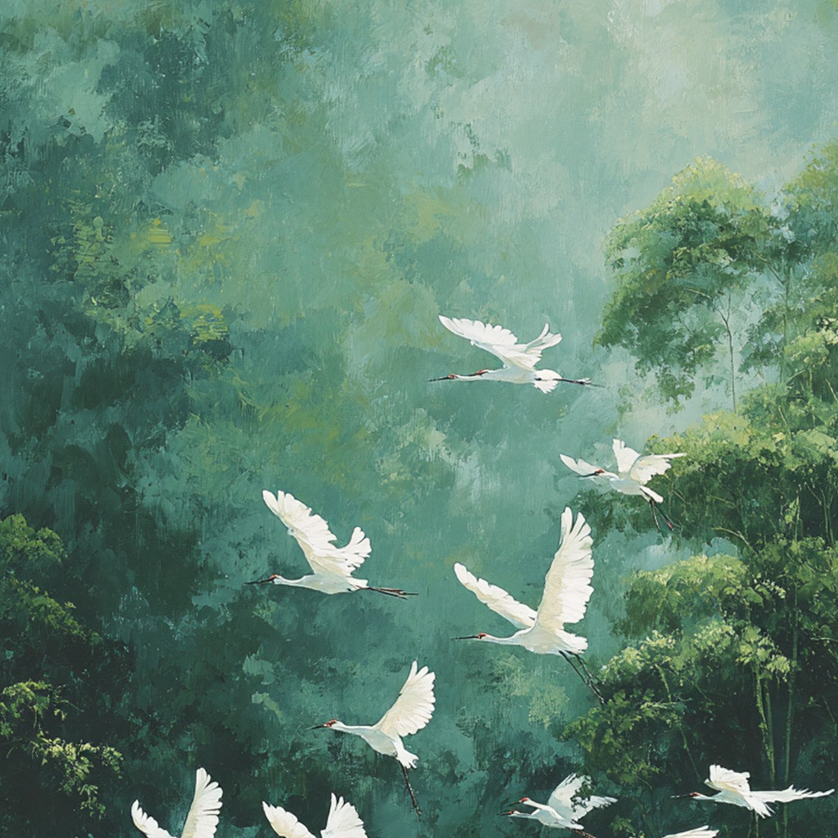GREEN HAVEN: Serene Forest Landscape with Flying Egrets Painting - Image 5