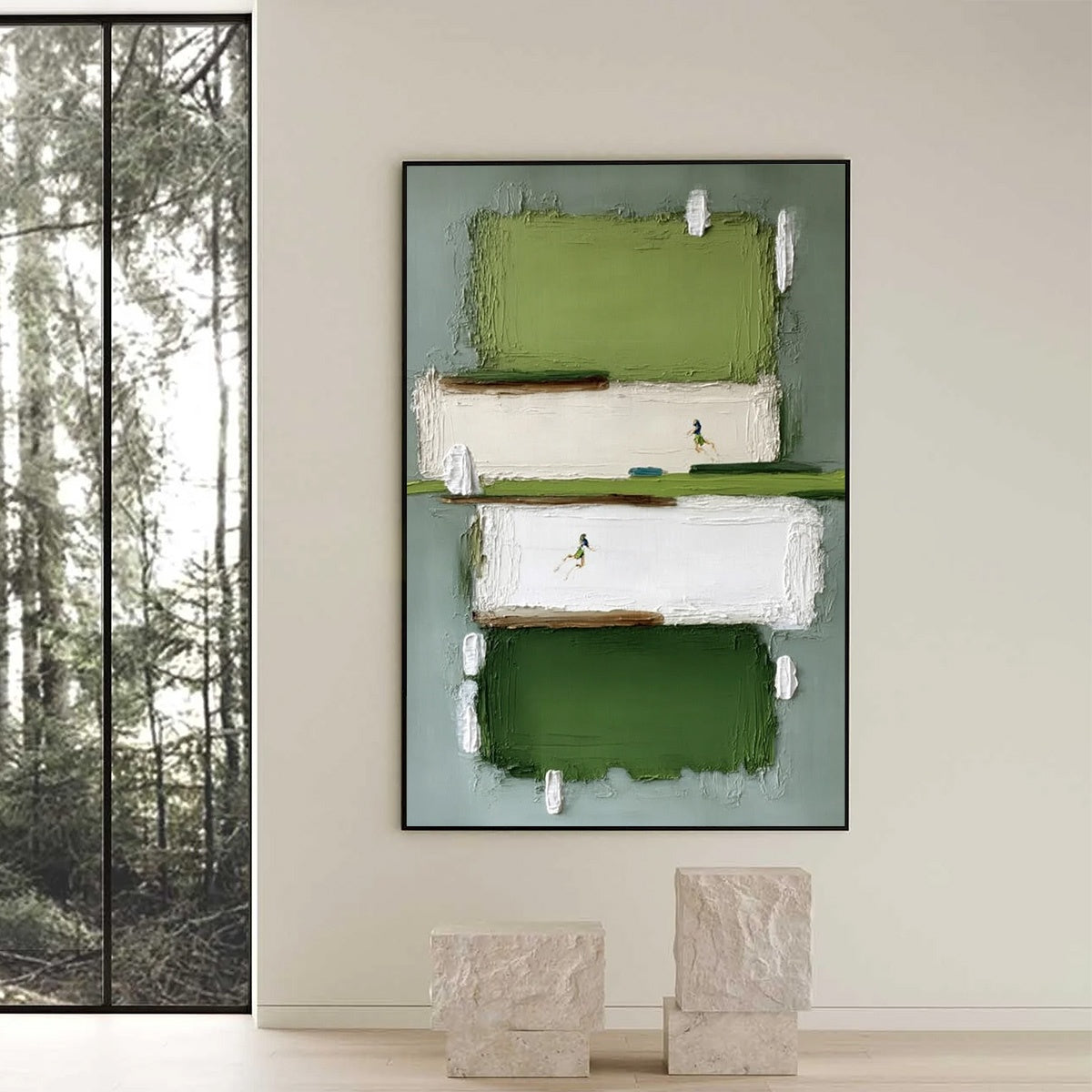 GREENFIELD DASH: Textured Abstract Sports Painting in Green and White - Image 6