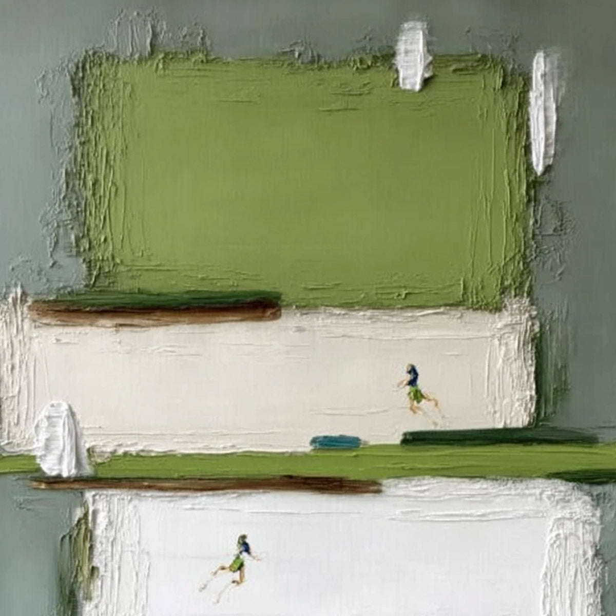 GREENFIELD DASH: Textured Abstract Sports Painting in Green and White - Image 3
