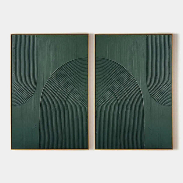 GREEN TEXTURED ARCHES DIPTYCH: Textured Abstract Painting Set of 2, Square Wall Art