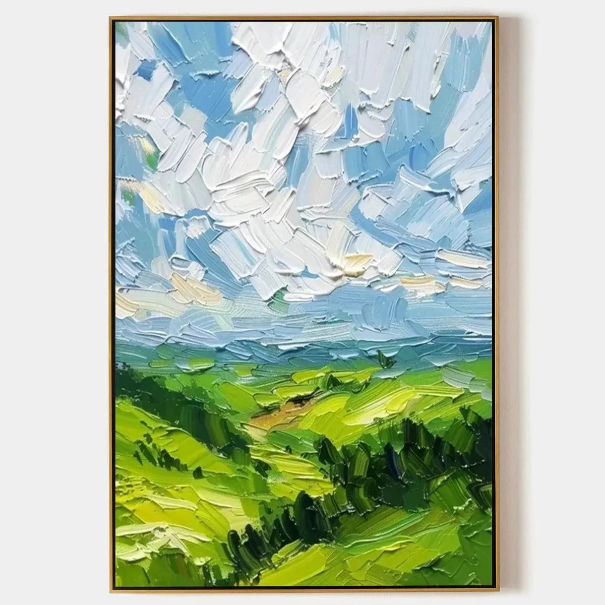 GREEN VALLEY VISTA: Textured Landscape Painting, Impasto Wall Art, Vertical Canvas, Nature Decor