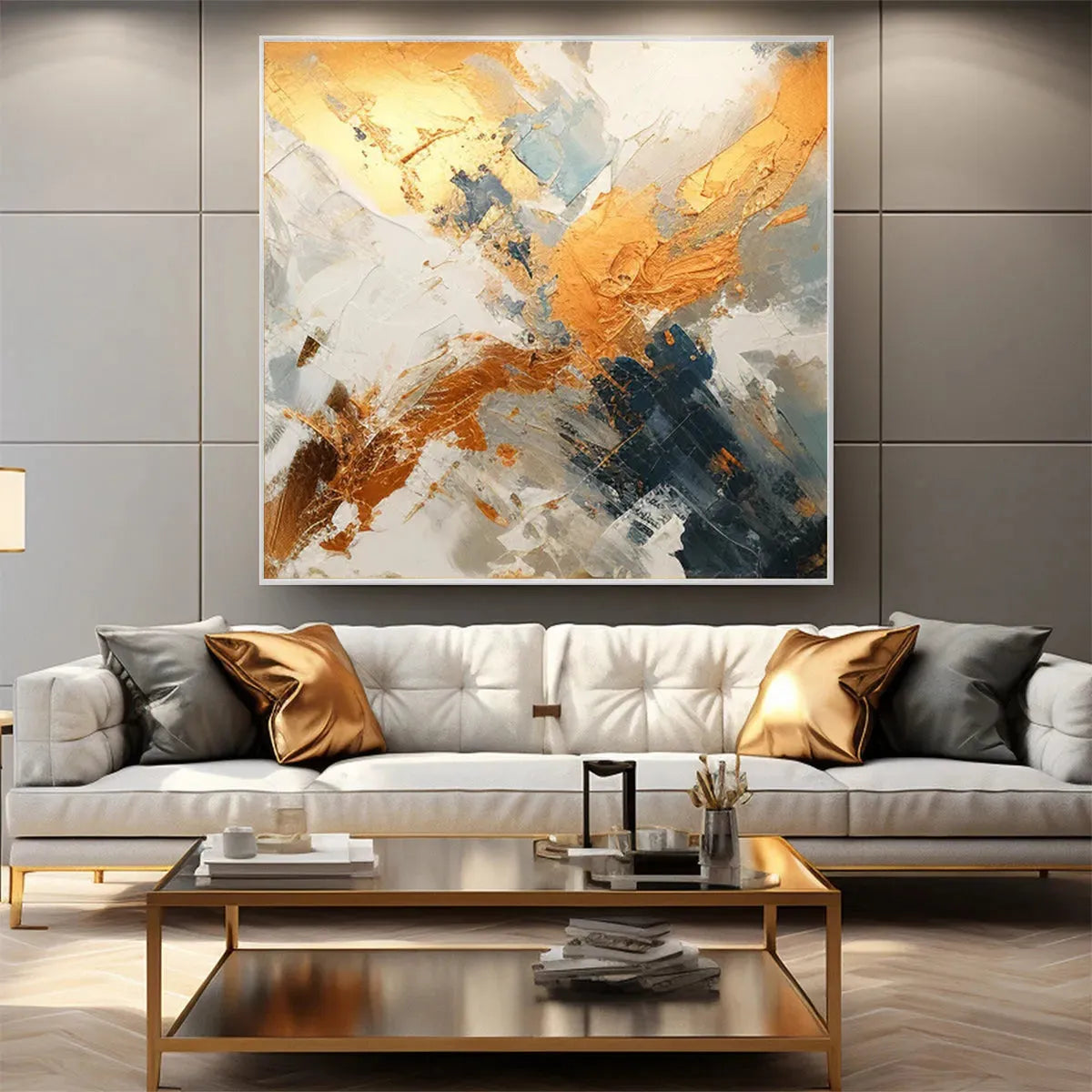 GILDED CONFLUENCE: Square Abstract Oil Painting with Gold, and Grey - Image 6