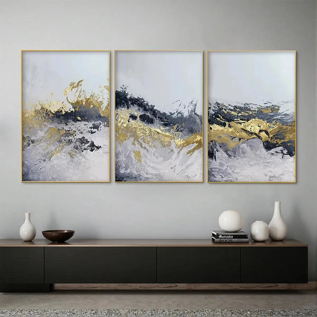 GOLD & GREY ABSTRACT TRIPTYCH: Abstract Painting Set of 3, Vertical Wall Art - Image 2