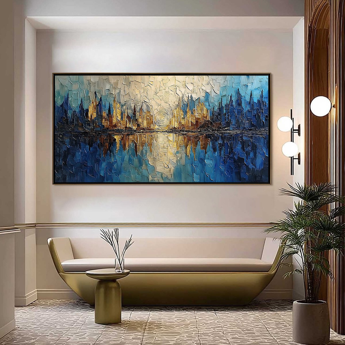 Golden Horizon Abstract Cityscape Textured Oil Painting Wall Art - Image 2