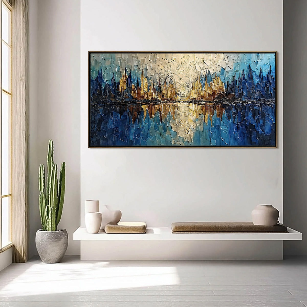 Golden Horizon Abstract Cityscape Textured Oil Painting Wall Art - Image 4