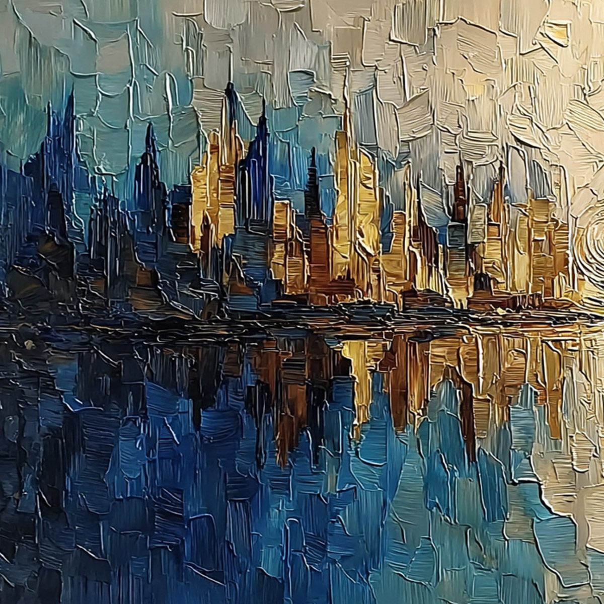 Golden Horizon Abstract Cityscape Textured Oil Painting Wall Art - Image 3