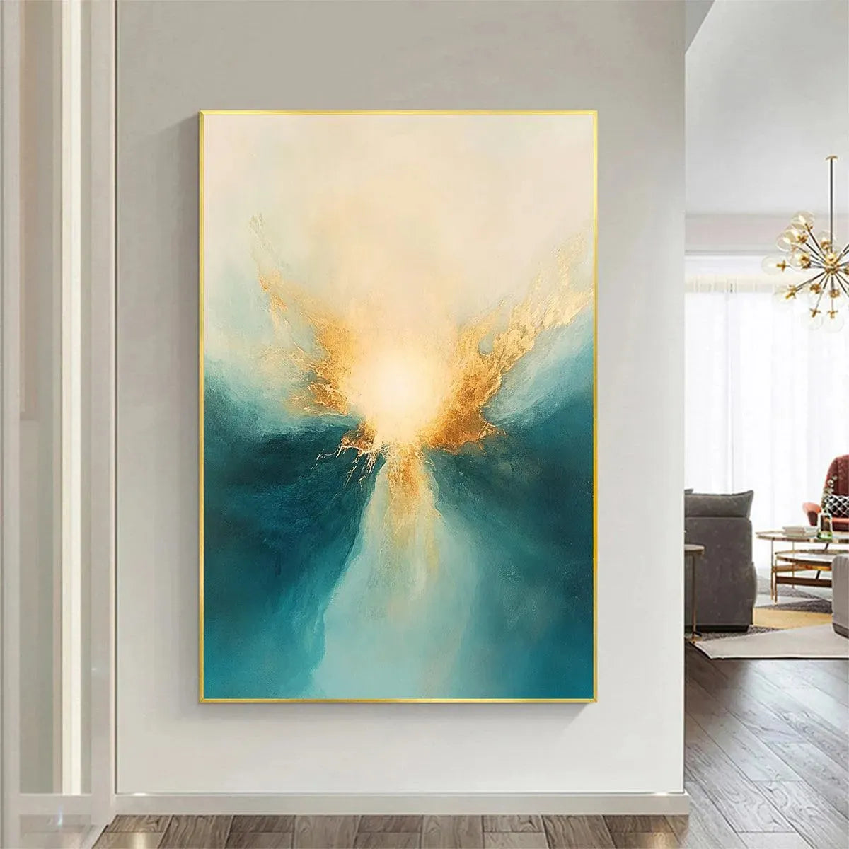 GOLDEN ABYSS: Abstract Teal and Gold Oil Painting - Image 2