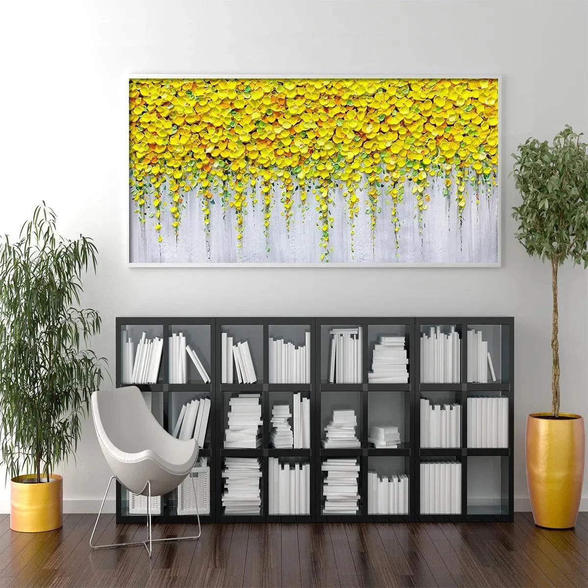 GOLDEN CASCADE: Textured Yellow Floral Painting on Grey Background - Image 6