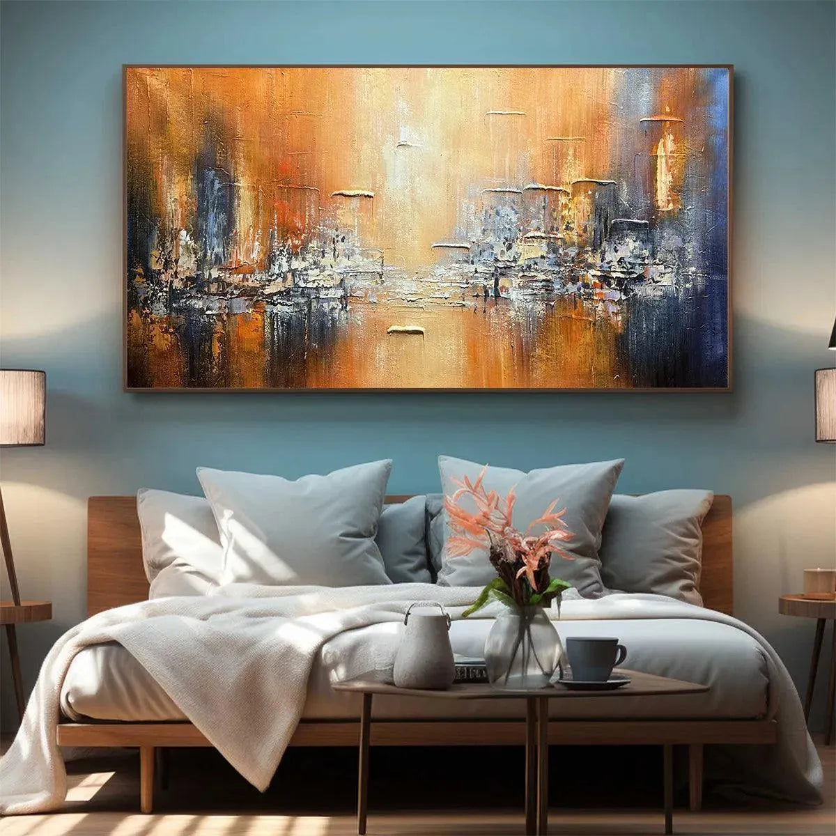 GOLDEN CITY: Textured Abstract Cityscape Painting in Orange and Blue - Image 8