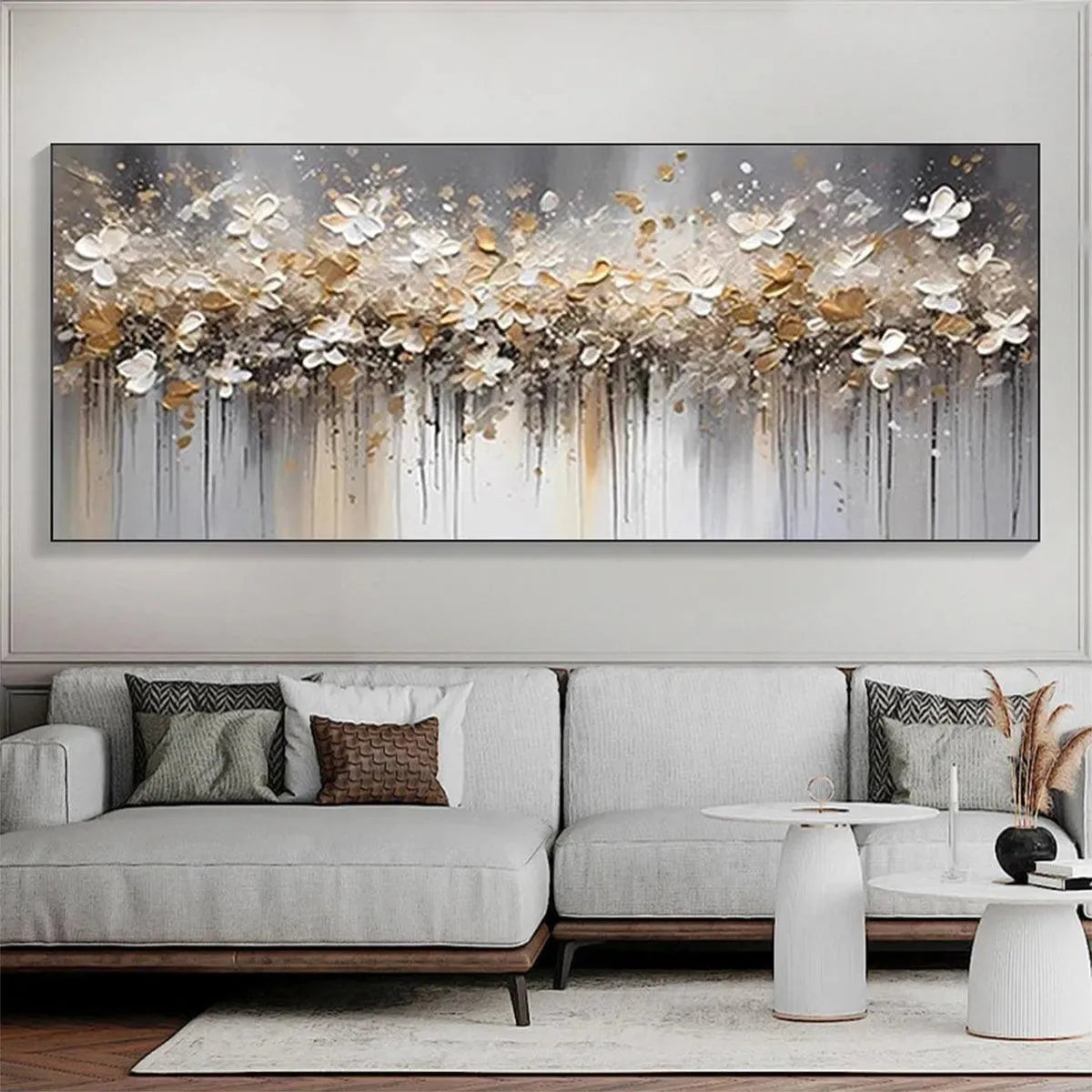 GOLDEN DRIFT: White and Gold Floral Abstract Painting for Living Room - Image 4